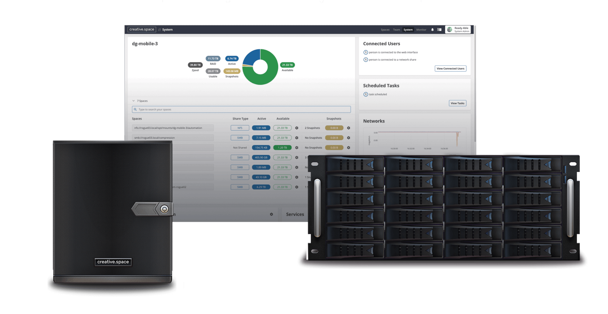 Storage systems comparison showing the streamlined creative.space solution vs. legacy system